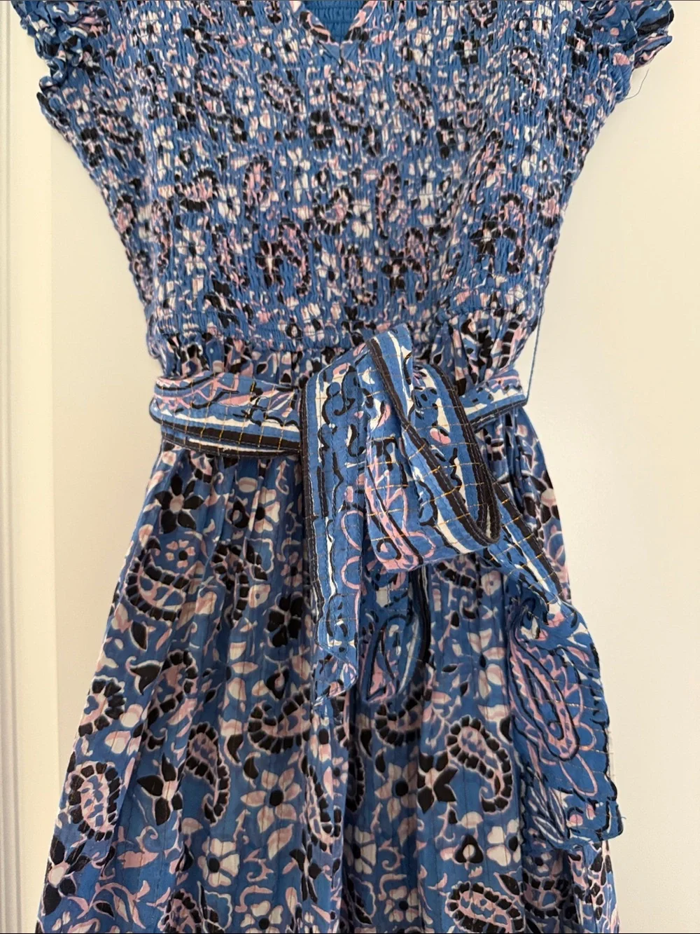 Cleobella Autumn Midi Dress blue paisley print smocked bodice flutter sleeves XS